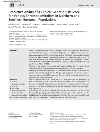 Predictive Ability of a Clinical-Genetic Risk Score for Venous Thromboembolism in Northern and Southern European Populations 2021